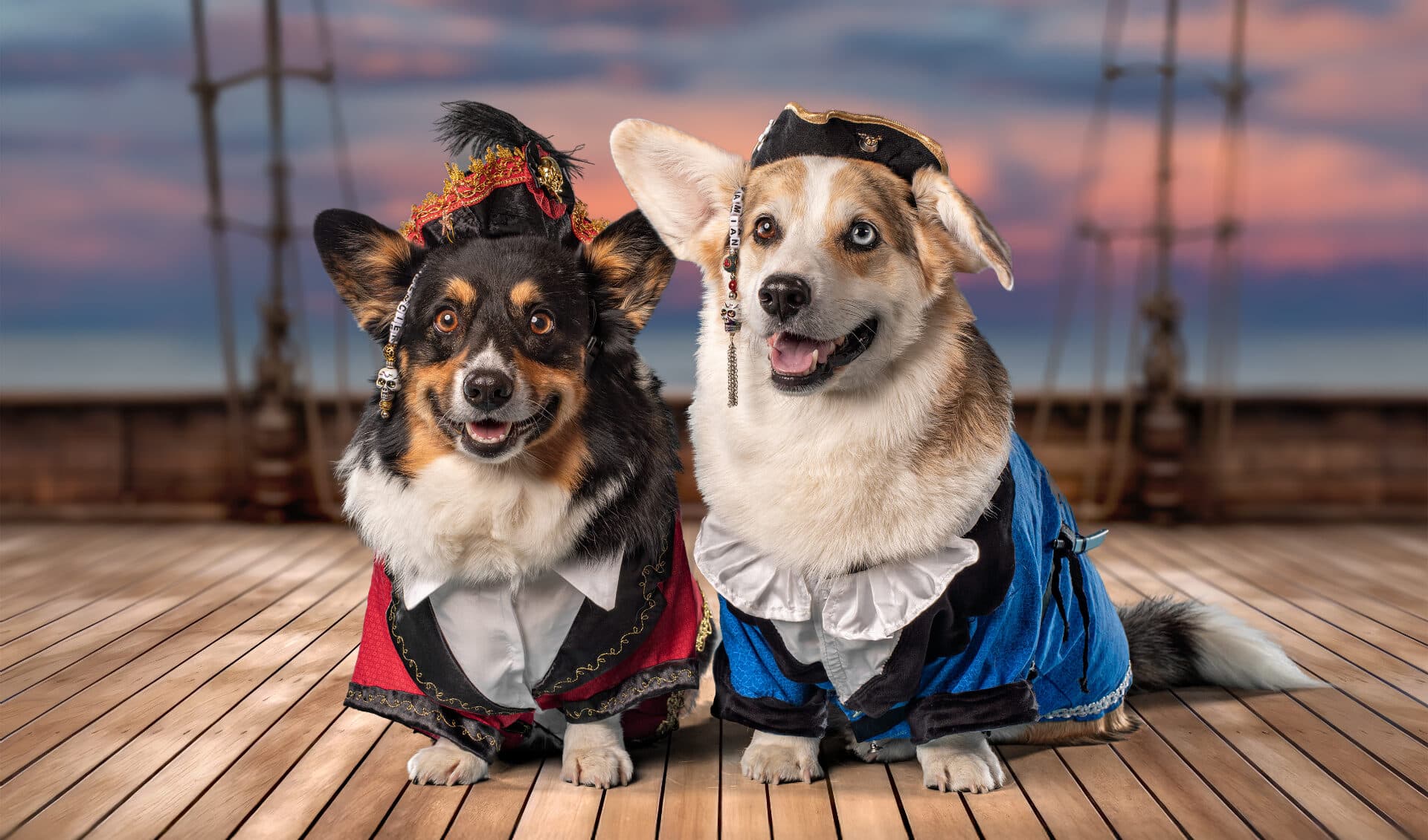 Studio pet portrait with three corgis posed on a pirate ship set